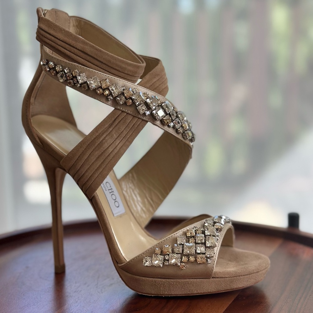 NWOT Jimmy Choo Beige Crystal Embellished Heels - Picture 5 of 8